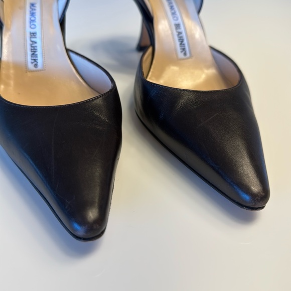 Manolo Blahnik Carolyne Black Leather Sling Back Pointed Toe Heels Pumps 37 US 7 - Picture 5 of 10
